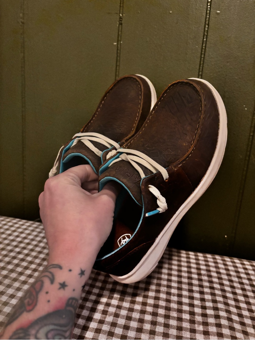 Ariat Brown Leather Flats with White Soles and Teal Trim